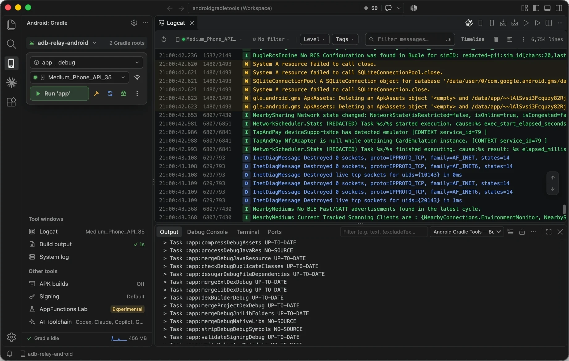Android Gradle Tools in VS Code, dark theme: the Android panel with a Studio-style run widget, Logcat and Gradle build output.