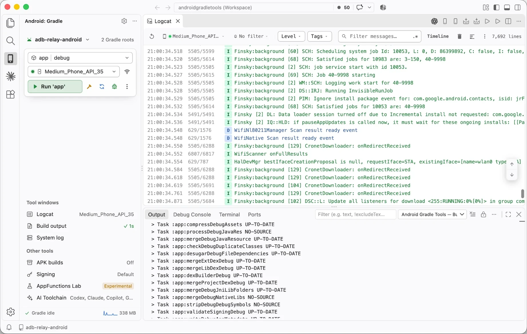 Android Gradle Tools in VS Code, light theme: the Android panel with a Studio-style run widget, Logcat and Gradle build output.